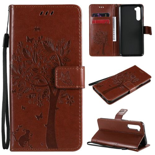 Saturcase Coque Pour Oneplus Nord, Arbre À Chat Pu Cuir Magnétique Flip Portefeuille Support Porte-Carte Protecteur Housse Étui Avec Dragonne Pour Oneplus Nord (Marron)