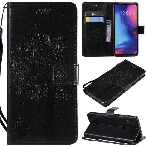 Saturcase Coque Pour Xiaomi Redmi Note 7, Arbre À Chat Pu Cuir Magnétique Flip Portefeuille Support Porte-Carte Protecteur Housse Étui Avec Dragonne Pour Xiaomi Redmi Note 7 (Noir)
