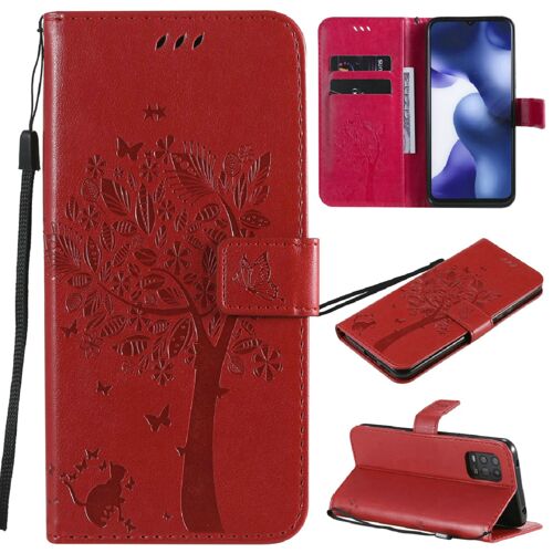 Saturcase Coque Pour Xiaomi Mi 10 Lite 5g, Arbre À Chat Pu Cuir Magnétique Flip Portefeuille Support Porte-Carte Protecteur Housse Étui Avec Dragonne Pour Xiaomi Mi 10 Lite 5g (Rouge)