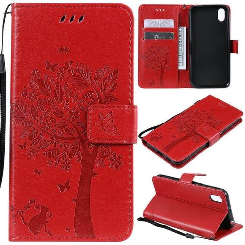 Saturcase Coque Pour Huawei Y5 2019, Arbre À Chat Pu Cuir Magnétique Flip Portefeuille Support Porte-Carte Protecteur Housse Étui Avec Dragonne Pour Huawei Y5 2019 (Rouge)
