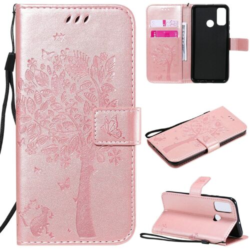 Saturcase Coque Pour Huawei P Smart 2020, Arbre À Chat Pu Cuir Magnétique Flip Portefeuille Support Porte-Carte Protecteur Housse Étui Avec Dragonne Pour Huawei P Smart 2020 (Or Rose)