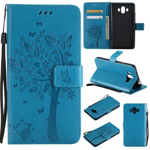 Saturcase Coque Pour Huawei Mate 10, Arbre À Chat Pu Cuir Magnétique Flip Portefeuille Support Porte-Carte Protecteur Housse Étui Avec Dragonne Pour Huawei Mate 10 (Bleu)