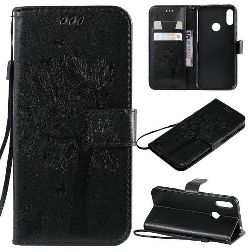 Saturcase Coque Pour Huawei Y6 2019 / Honor 8a, Arbre À Chat Pu Cuir Magnétique Flip Portefeuille Support Porte-Carte Protecteur Housse Étui Avec Dragonne Pour Huawei Y6 2019 / Honor 8a (Noir)