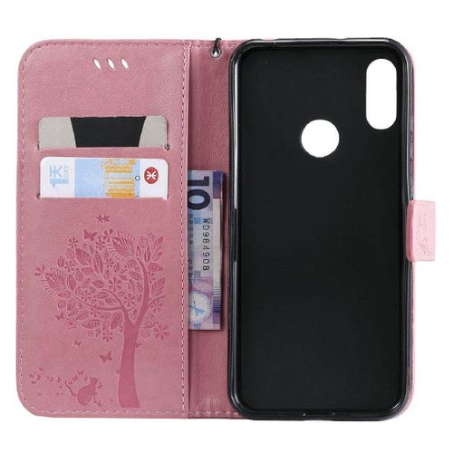 Saturcase Coque Pour Huawei Y6 2019 / Honor 8a, Arbre À Chat Pu Cuir Magnétique Flip Portefeuille Support Porte-Carte Protecteur Housse Étui Avec Dragonne Pour Huawei Y6 2019 / Honor 8a (Pink)