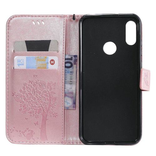 Saturcase Coque Pour Huawei Y6 2019 / Honor 8a, Arbre À Chat Pu Cuir Magnétique Flip Portefeuille Support Porte-Carte Protecteur Housse Étui Avec Dragonne Pour Huawei Y6 2019 / Honor 8a (Or Rose)