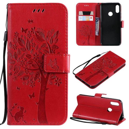Saturcase Coque Pour Huawei Y6 2019 / Honor 8a, Arbre À Chat Pu Cuir Magnétique Flip Portefeuille Support Porte-Carte Protecteur Housse Étui Avec Dragonne Pour Huawei Y6 2019 / Honor 8a (Rouge)