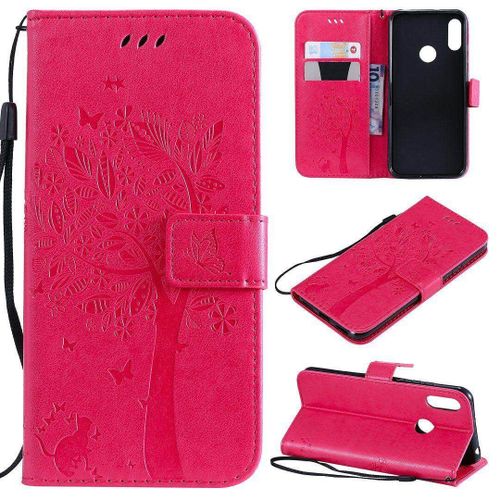 Saturcase Coque Pour Huawei Y6 2019 / Honor 8a, Arbre À Chat Pu Cuir Magnétique Flip Portefeuille Support Porte-Carte Protecteur Housse Étui Avec Dragonne Pour Huawei Y6 2019 / Honor 8a (Rose)