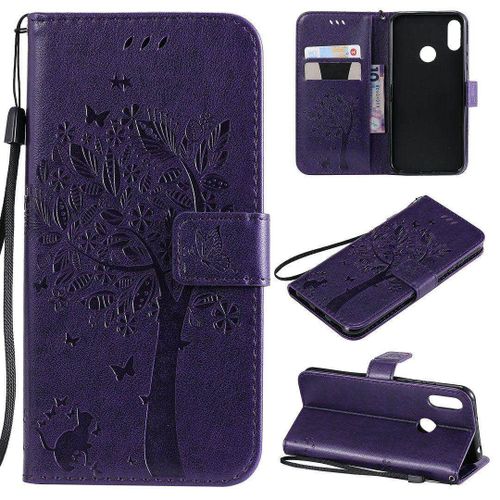 Saturcase Coque Pour Huawei Y6 2019 / Honor 8a, Arbre À Chat Pu Cuir Magnétique Flip Portefeuille Support Porte-Carte Protecteur Housse Étui Avec Dragonne Pour Huawei Y6 2019 / Honor 8a (Violet)