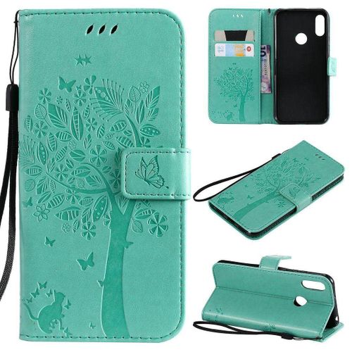 Saturcase Coque Pour Huawei Y6 2019 / Honor 8a, Arbre À Chat Pu Cuir Magnétique Flip Portefeuille Support Porte-Carte Protecteur Housse Étui Avec Dragonne Pour Huawei Y6 2019 / Honor 8a (Vert)