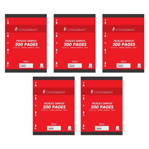 Conquérant Sept Lot De 5 Feuilles Simples A4 200 Pages 90g Grands Carreaux Sous Film Blanches