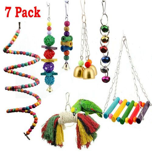 Ensemble De Jouets En Forme De Perroquet, 7 Pièces, Avec Bec En Corde Métallique, Cage Pour Perruches, Cockatiel, Oiseau Amusant, Jouet, Clochette À Perles Colorées, Fournitures Pour Animaux De Compag