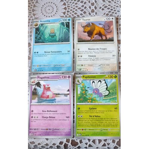 Lot 4 Cartes Pokémon Ev 3.5 Plus De 100 Pv: Amonita, Tauros, Flagadoss Et Papilusion.