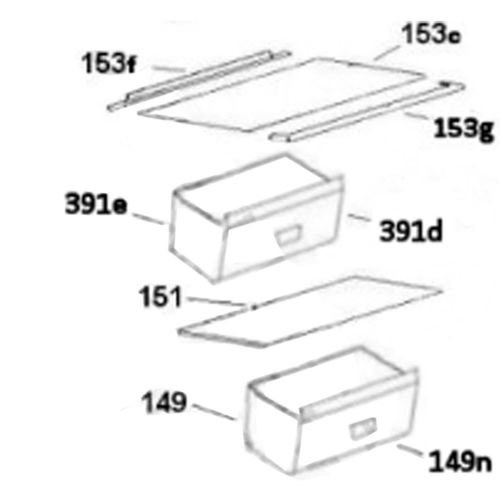 Clayette étagère verre bac à légumes (repère 151) Réfrigérateur congélateur (49034191 ROSIERES BAUMATIC CANDY HOOVER)