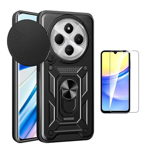 Kit Verre Trempé Clearglass + Couvercle Anti-Impact Pour Fenêtre Coulissante Magnétique Militaire Defender Phonecare Pour Xiaomi Redmi 14c - Noir