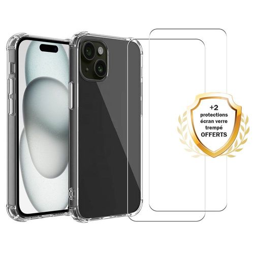 Coque iPhone 15 Antichoc Silicone bords renforcés + 2 Vitres en verre trempé Protection écran Evetane