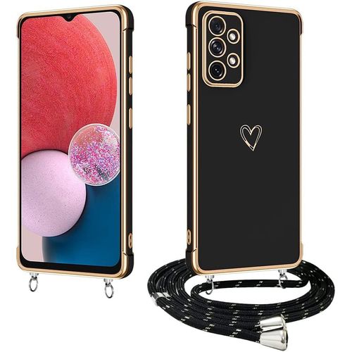 TRAHOO-Coque pour Samsung A13 4G avec Cordon, Coque pour Samsung Galaxy A13 Silicone avec Motif Coeur d'amour Mignon Étui Housse Antichoc Tour de Collier Réglable Case Cover, Noir