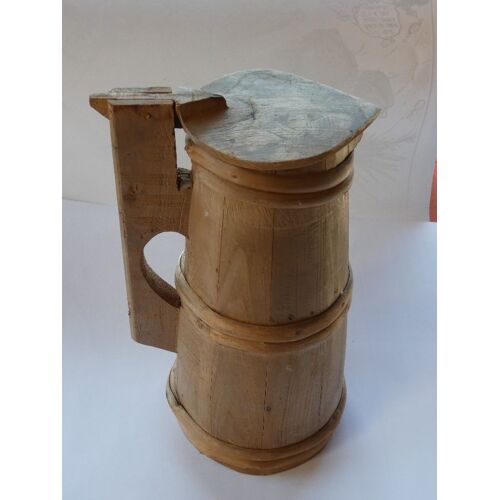Ancien Pichet D'eau En Bois Forme Tonneau Vintage 1 Litre