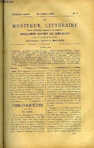 Le Moniteur Litteraire Troisieme Annee N°7 - En Wagon Par Olivier De Tréville, Lettres A Une Jeune Inconnue - Dix Neuvième Lettre Par Mentor, Sur La Mort D'une Jeune Fille De Sept Ans Par ...