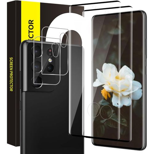 AEFJ-2+2 Verre trempé pour Samsung Galaxy S21 Ultra 5G, Dureté 9H Anti Rayures Vitre Protection+Film Caméra Verre, Couverture 3D Sans Bulle, Tactile sensible, 0,33mm HD S21 Ultra Protection écran