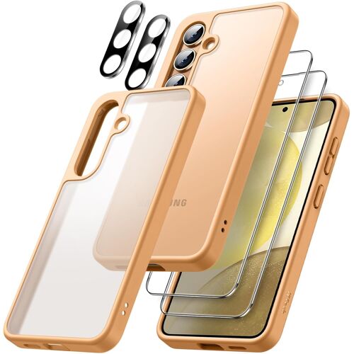 KALANKA-5 en 1 Mat Coque pour Samsung Galaxy S24+ / S24 Plus 5G avec Lot de 2 Protection D'écran et Protecteur d'Objectif de Caméra, Housse Étui Dos Translucide, Film en Verre Trempé (Orange)