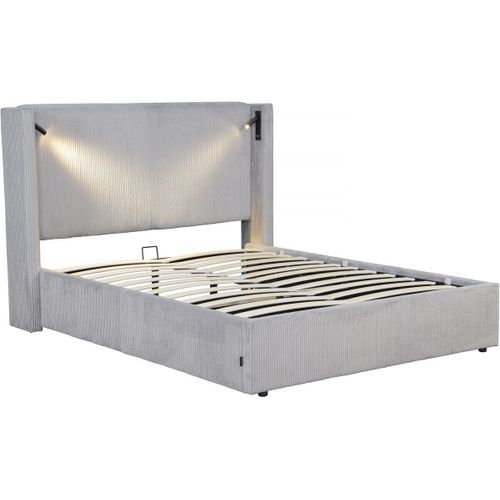 Lit Double En Velours Côtelé Avec Coffre Et Lampe Intégré "Cortina" - 140 X 190 Cm - Gris
