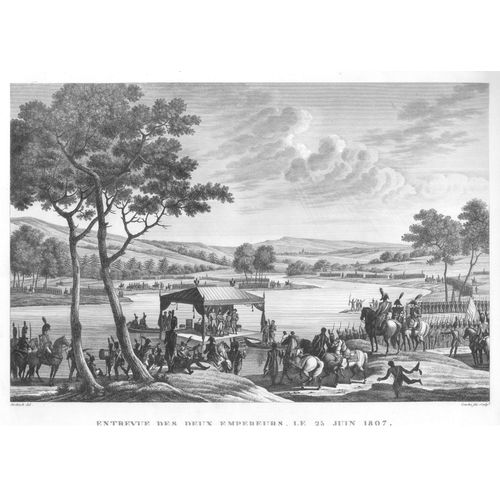 Rare Gravure Carle Vernet Campagne De Pologne Traite De Tilsit 25 Juin 1807 Deux Empereurs Napoleon Bonaparte 1840