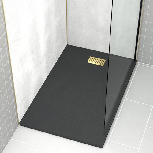 Pack Receveur Noir Effet Pierre 90x140 cm et Grille décor Linéaire Or Doré Brossé