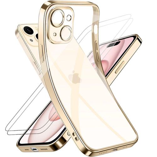 Coque Silicone + 2 Verres Trempés Pour Iphone 15, Protection Silicone Transparent Avec Contour Doré - E.F.Connection