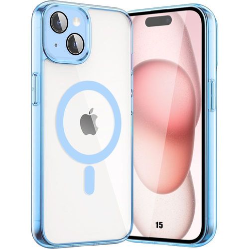 Coque Pour Iphone 15 Avec Anneau Magnétique, Protection Rigide Antichoc Contour Bleu Avec Protection Caméra Verre Trempé - E.F.Connection