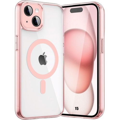 Coque pour iPhone 15 avec Anneau Magnétique et Protection Caméra Anti-Rayures, Rigide Transparent Contour Rose - E.F.Connection