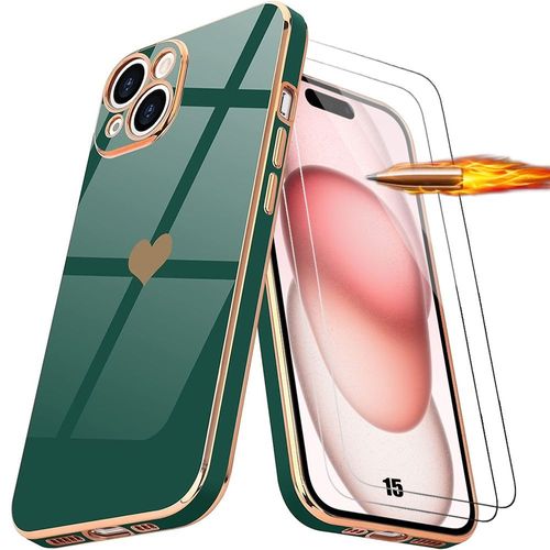 Coque Silicone Pour Iphone 15, Vert Nuit Motif Coeur Souple + 2 Verres Trempés Transparents - E.F.Connection
