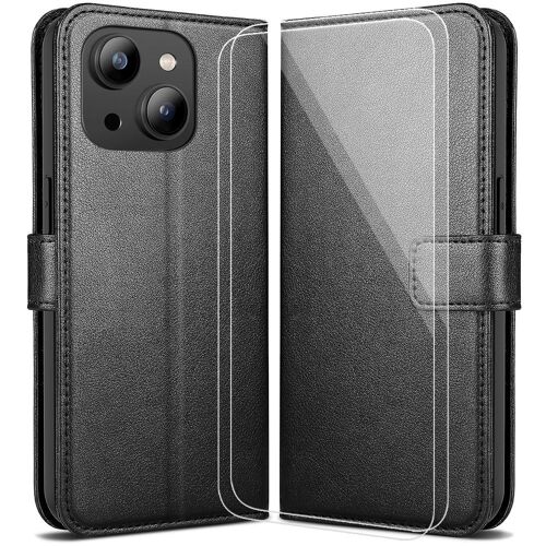 Coque + 2 Verres Trempés pour iPhone 15, Coque Portefeuille Effet Cuir Noir - E.F.Connection