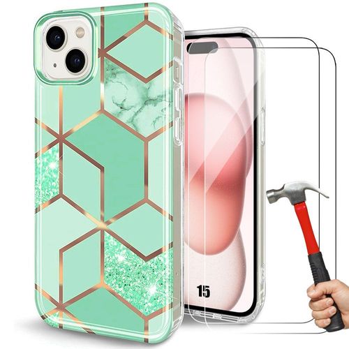 Coque Silicone + 2 Verres Trempés Pour Iphone 15, Coque Slim Antichoc Motif Marbre Turquoise - E.F.Connection