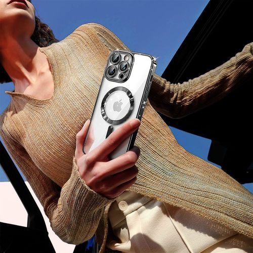 Coque Pour Iphone 15 Pro Max Avec Anneau Magnétique, Protection Antichoc Transparent Contour Chromé Noir - E.F.Connection