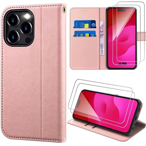 Coque + 2 Verres Trempés Pour Iphone 15 Pro, Coque Effet Cuir Elégant - Rose - Booling