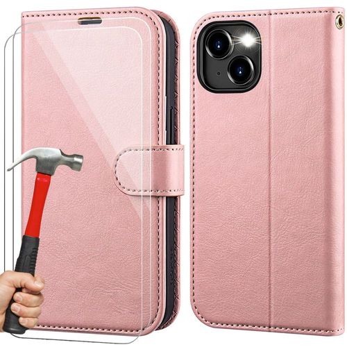 Coque Pour Iphone 15 Avec 2 Verres Trempés - Protection Effet Cuir Rose Fermeture Magnétique - Booling