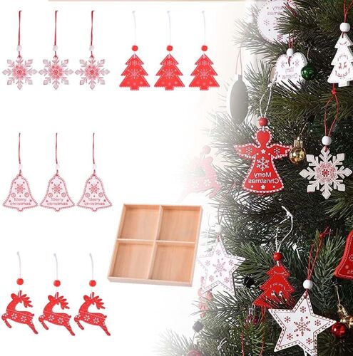 12pcs Ensemble d'Ornements d'arbre De Noël en Bois, Décorations De Noël?Bois Pendentifs pour Sapin De Noël en Bois?pour Arbre De Noël Artisanat Bricolage (Rouge Et Blanc)