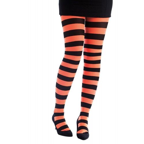 Collant Rayé Opaque Noir Et Orange Fluo