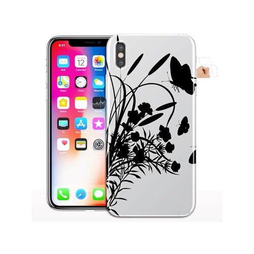 Coque iPhone X Fleurs et Papillon Noir et Blanc, Coque telephone gel Silicone, Floral NB