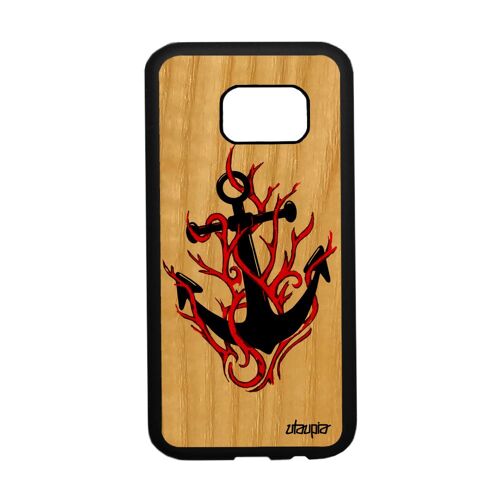 Coque en vrai bois silicone Samsung Galaxy S7 ancre Rouge graphique rigide jolie