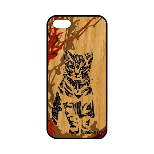 Coque iPhone 5 5S SE en bois silicone chat Marron animal motif art azteque Apple iPhone 5 iPhone 5S iPhone SE