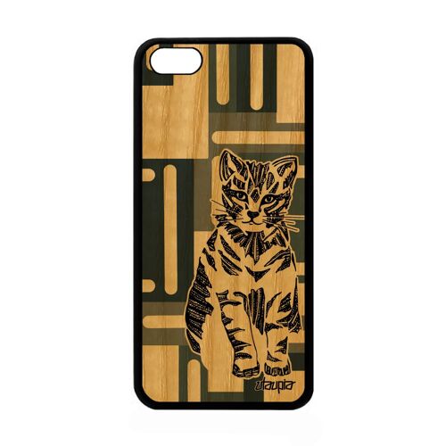 Coque Silicone Apple Iphone 5c En Bois Chat Swag Geometrique Petit Tigré 4g Tpu