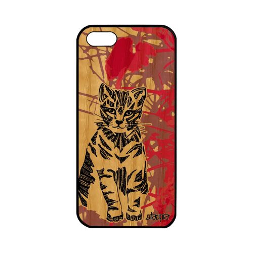 Coque Apple Iphone 5 5s Se En Bois Et Silicone Chat Dessin Nature Animal Housse