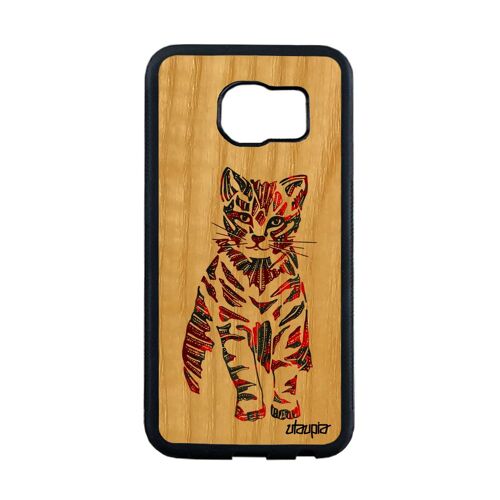 Coque Pour Samsung S6 Edge En Bois Silicone Chat Tribal Azteque Tigré Gel Samsung Galaxy S6 Edge