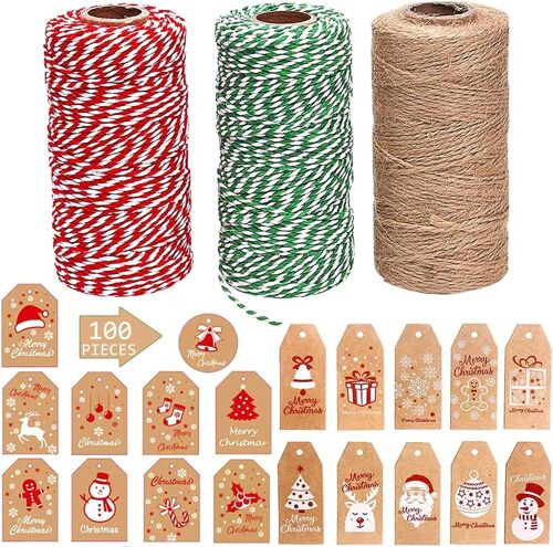 Jexnovashop-3 Rouleaux Ficelle De Coton Corde De Noël Rouge Blanche Vert Jute 2mm Ficelle Emballage Cadeau Decorative Bakers Twine Bobines Fil, Avec 100 Papier Kraft Étiquette Cadeaux De Noël, (150m+