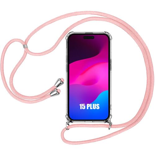 Coque Cordon iPhone 15 Plus - Antichoc Protection Coins Renforcés avec Cordon Rose - E.F.Connection