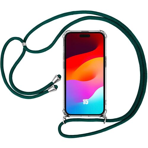 Coque Bandoulière pour iPhone 15 Anti-Rayures Protection Coins Renforcés + Bandoulière Vert Nuit - E.F.Connection