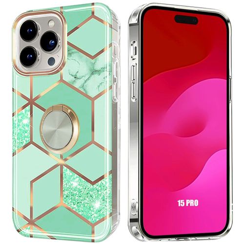Coque Silicone Pour Iphone 15 Pro, Motif Marbre Turquoise Avec Anneau Support - E.F.Connection