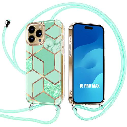 Coque Cordon Pour Iphone 15 Pro Max, Antichoc Protection Motif Marbre Turquoise - E.F.Connection