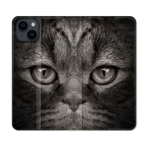 Housse Cuir Portefeuille Pour Iphone 15 Plus (6,7) Animal Chat Gris